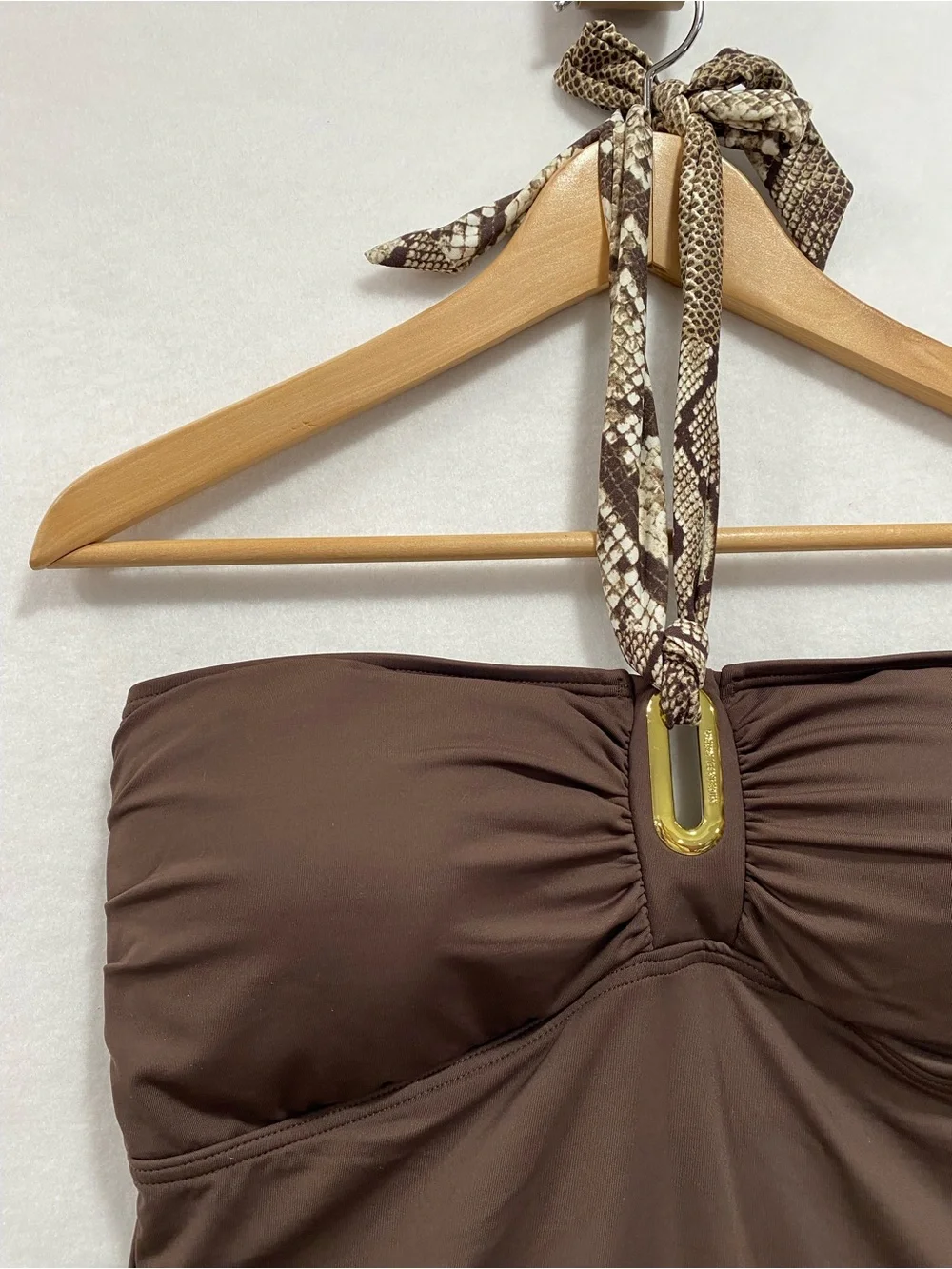 NWT Michael Kors Bandeau Halter One Piece Swimsuit Women’s Size 14 Brown Gold